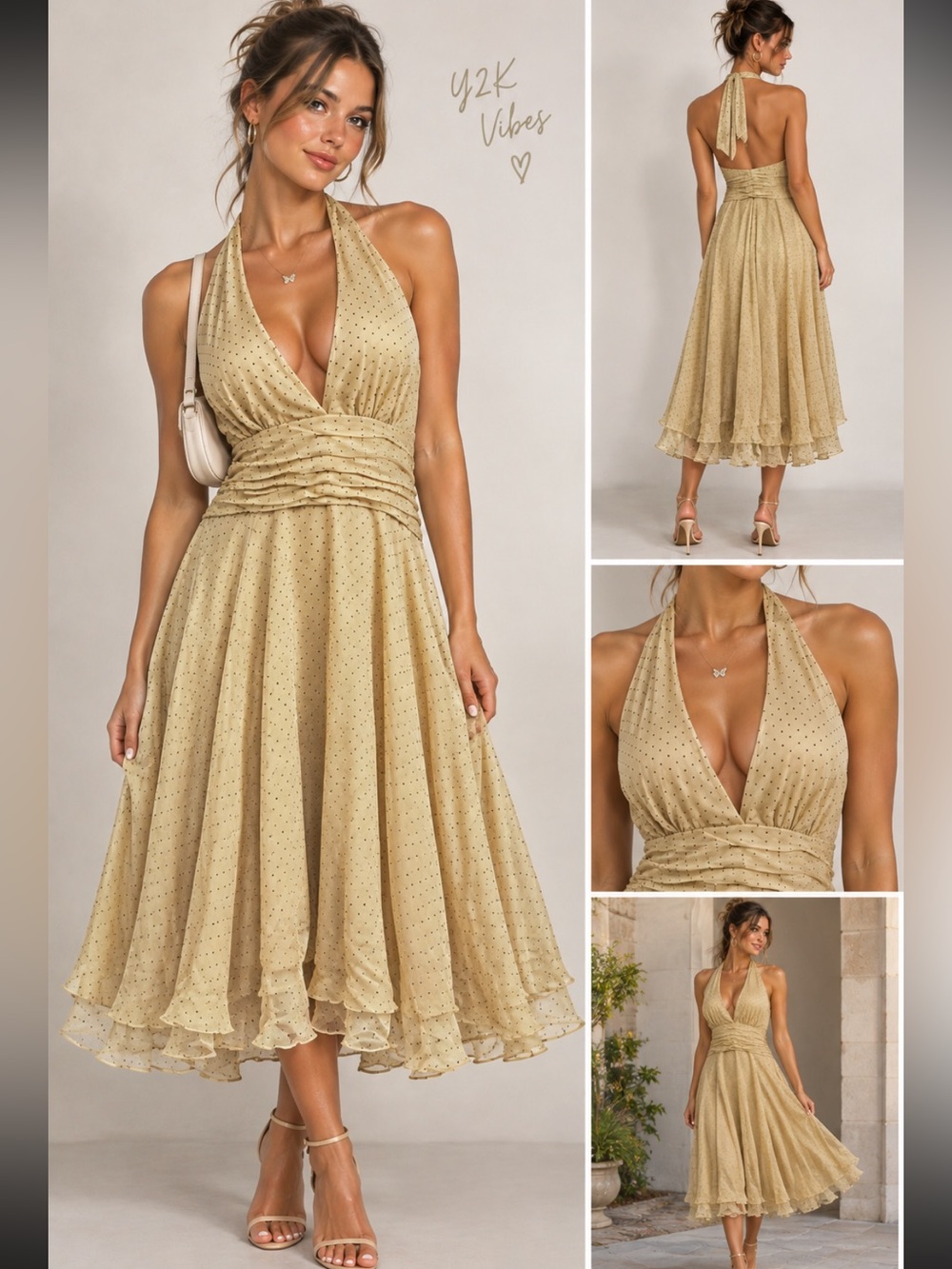Vintage Y2K Mixit 12 Silk Polka Dot Halter Mini Dress Tan Open Back Pinup Formal